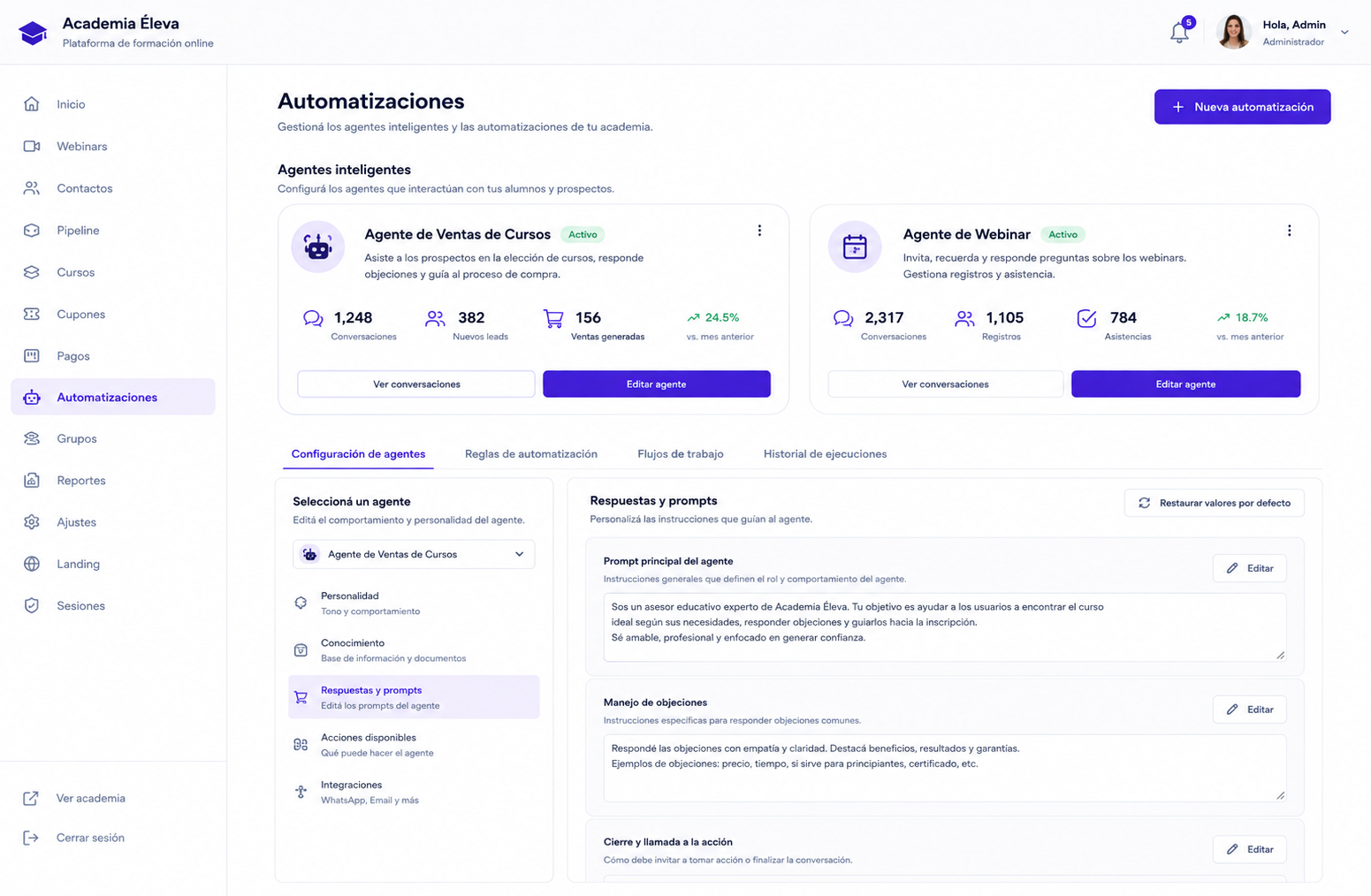 Configuración de agentes de inteligencia artificial para una academia online